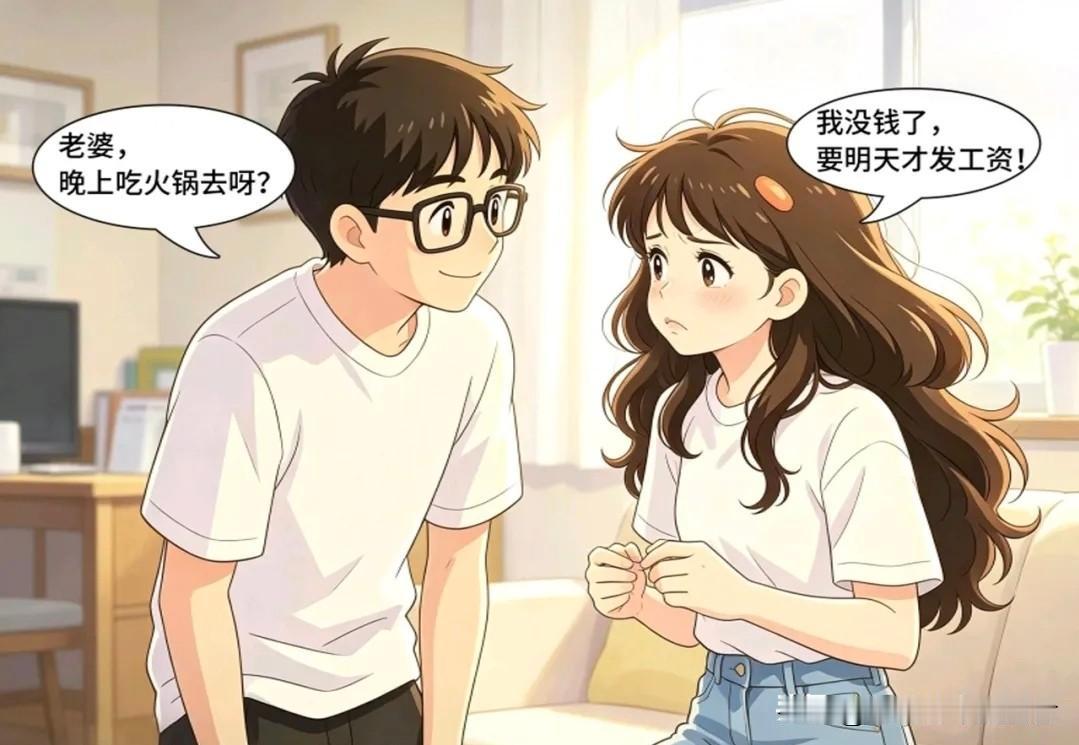 趣味漫画:老公：晚上吃火锅吧？老婆：我没钱了，明天才发工资…老公：你把我当什么人