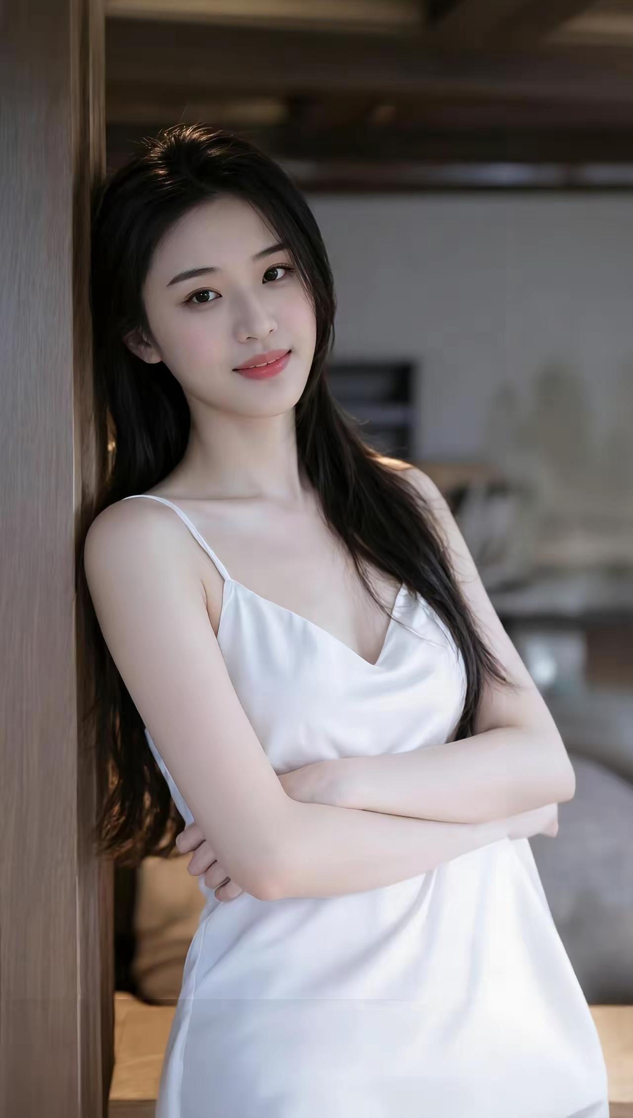 优雅白裙少女，微笑倚靠木柱，清新自然，散发迷人魅力。