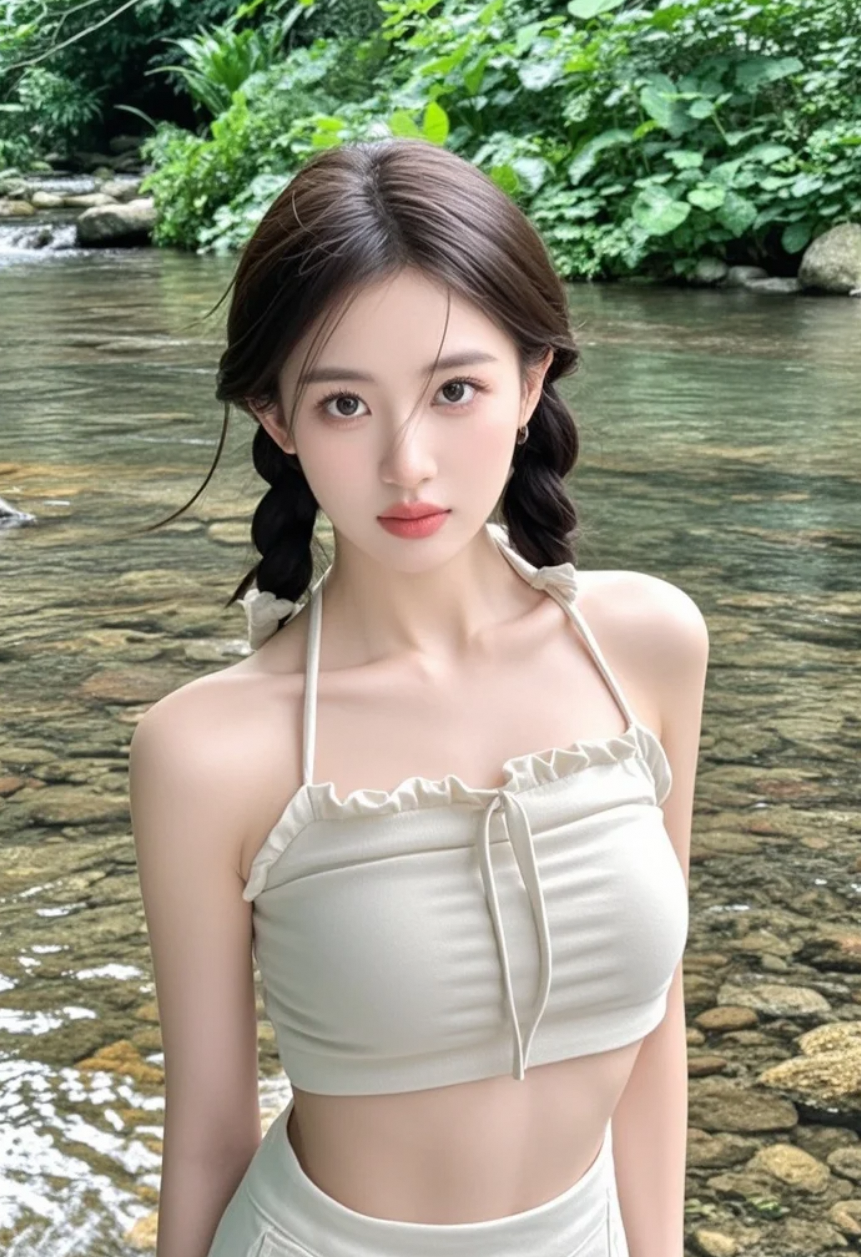 她蹲在溪边撩水，阳光洒落，美得像误入人间的精灵。