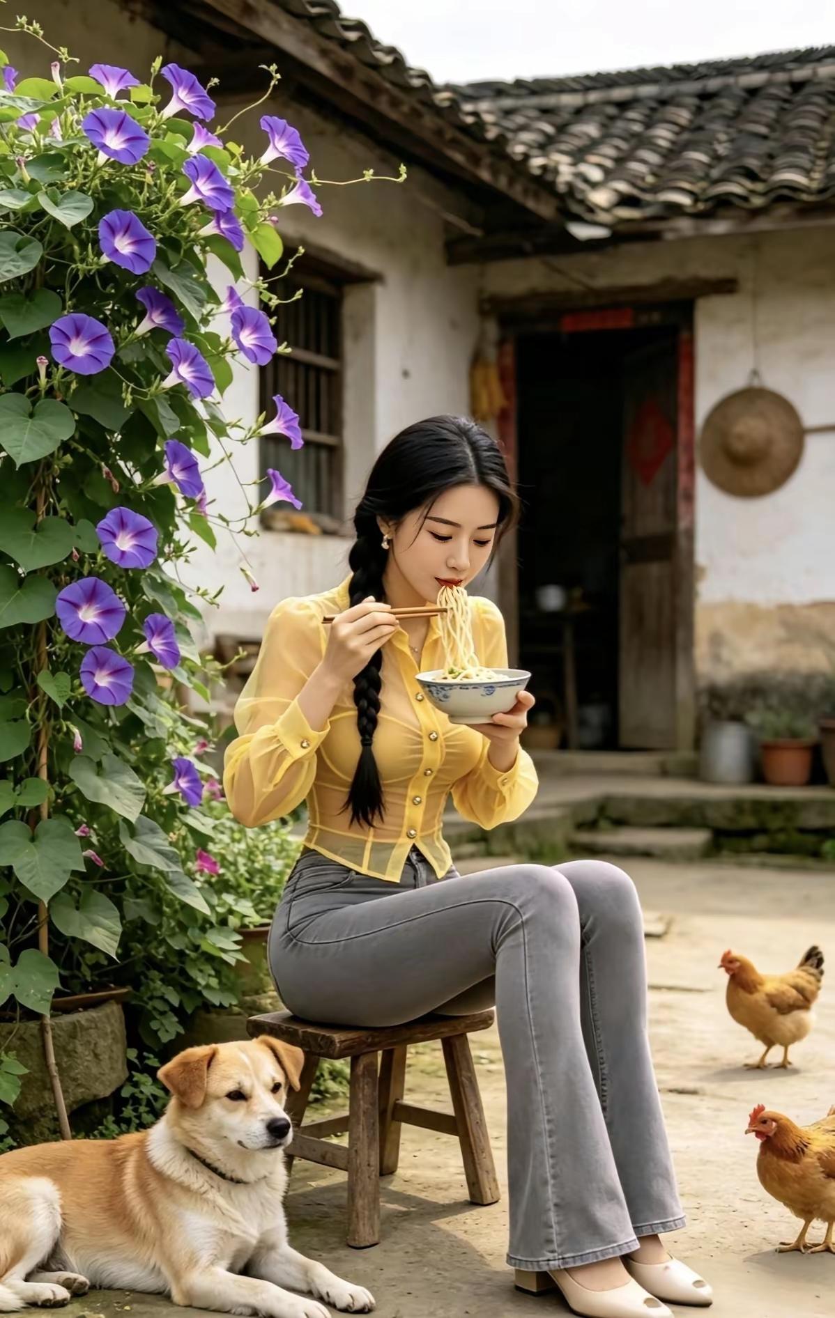 田园风光中的悠闲午餐，与爱犬相伴，享受宁静时光。
