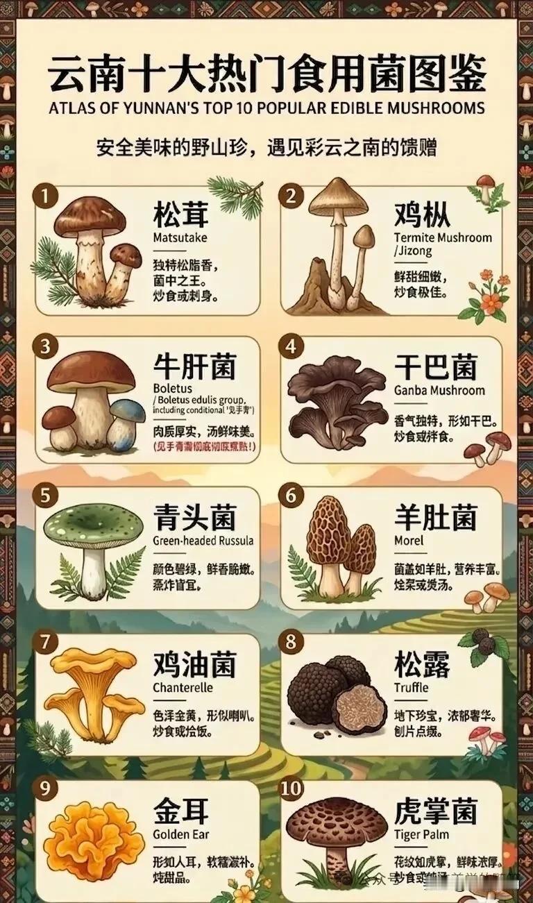 云南十大食用菌图云南不愧是“真菌王国”，全省已知野生食用菌约900种，占全国9