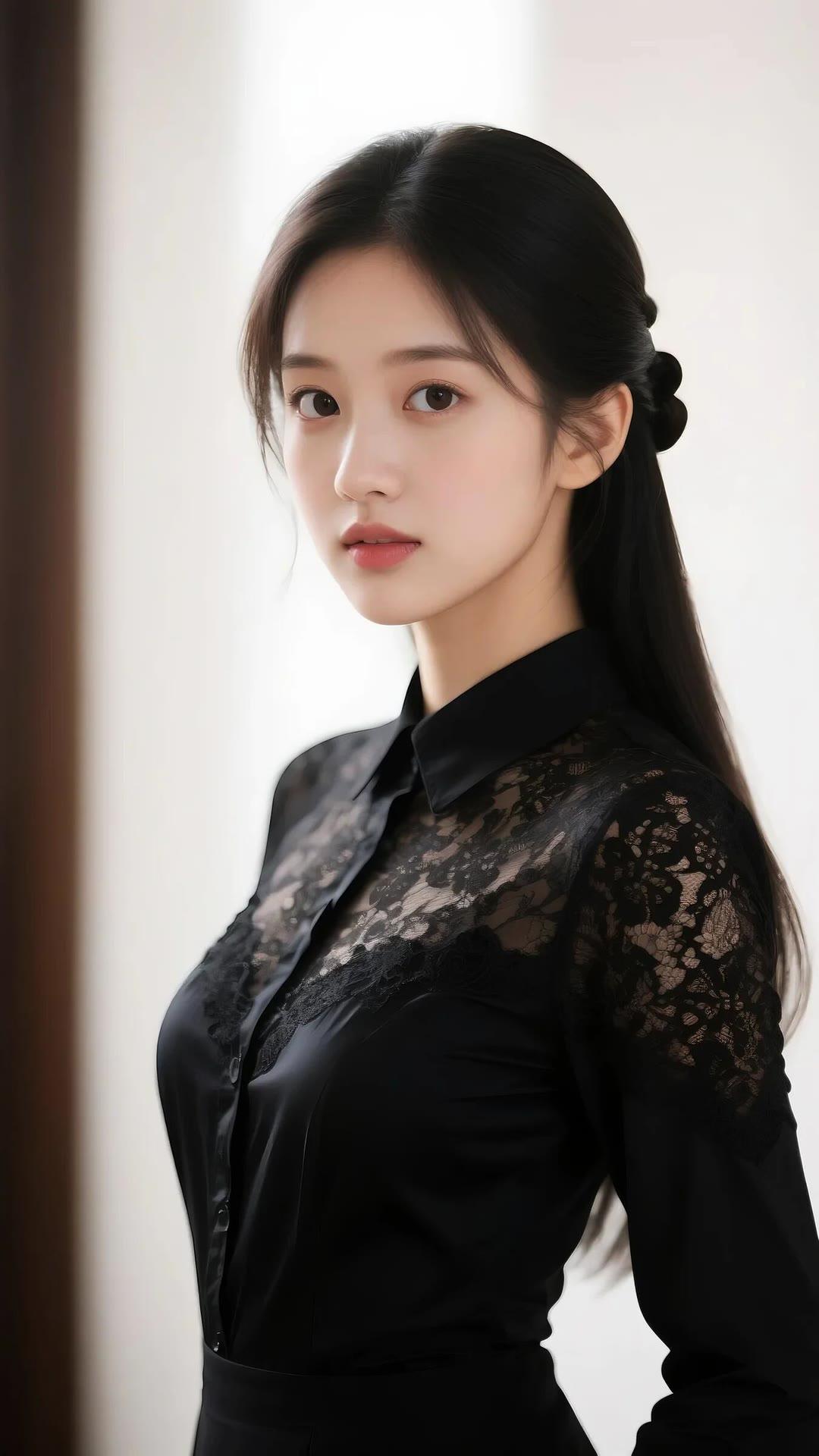 优雅黑衣少女，蕾丝细节，温柔眼神，时尚穿搭