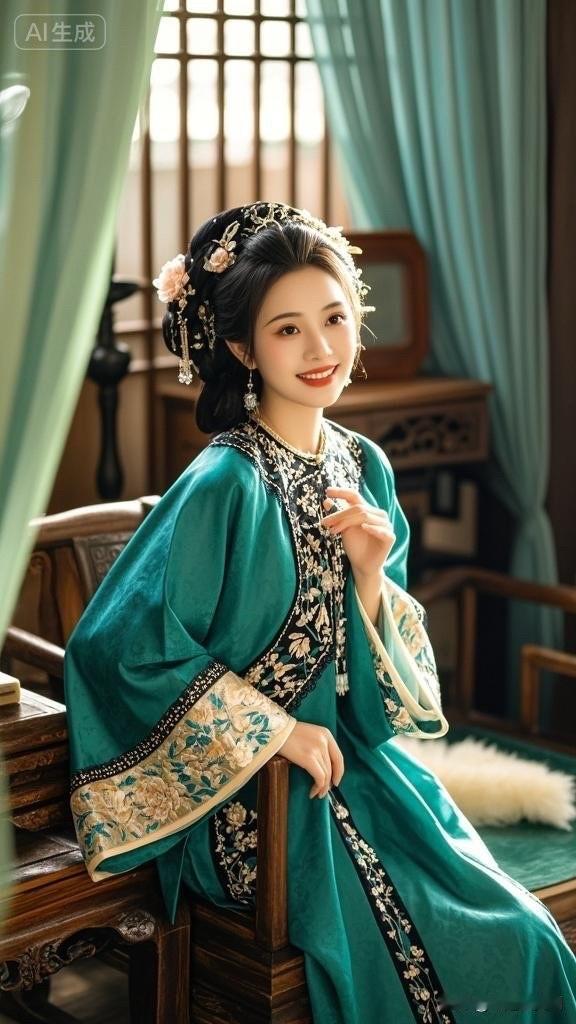 古风美人漫步花海，红衣飘逸，如梦似幻。