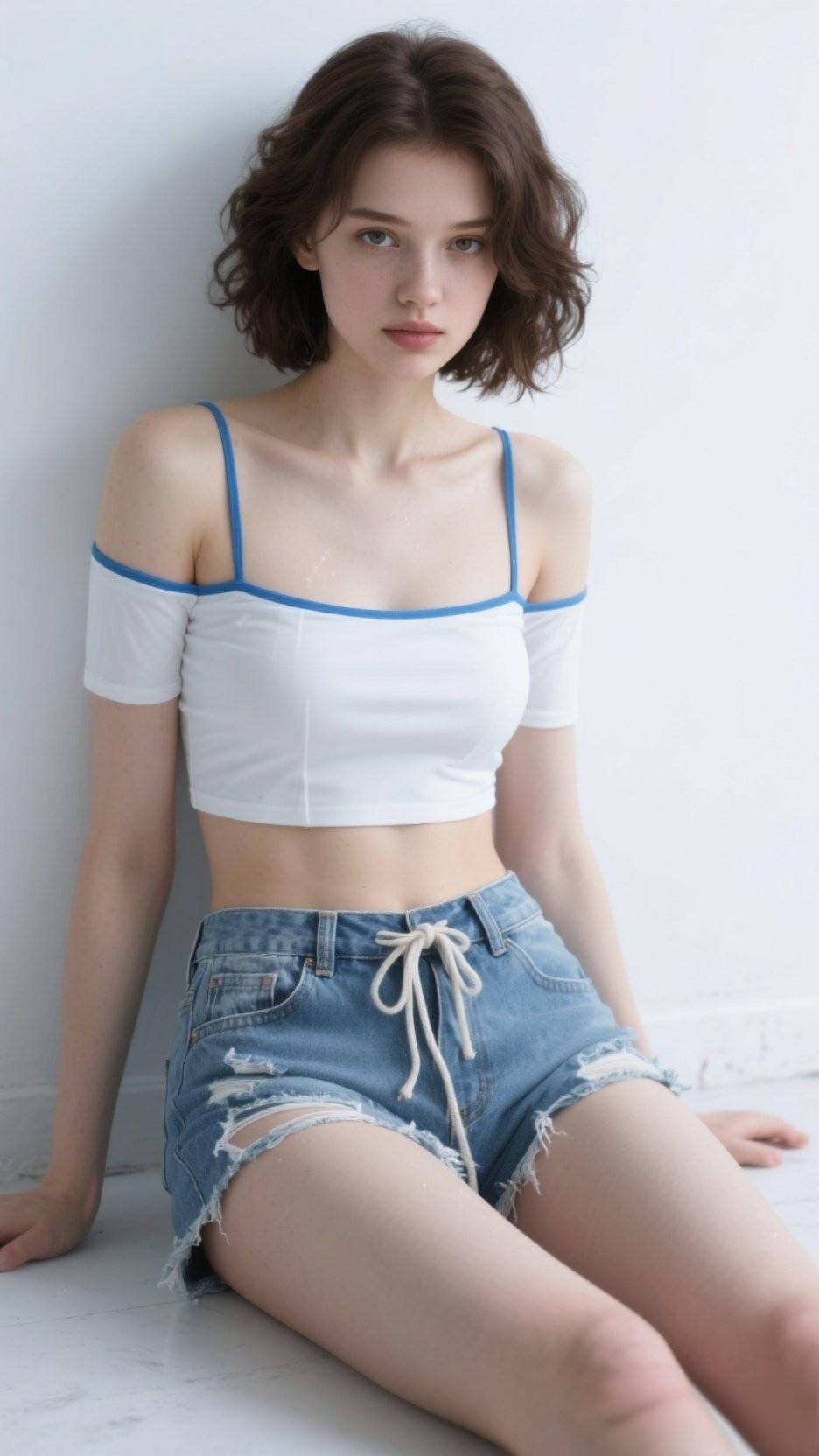 似碧水青山，佳人倚白墙。时尚穿搭