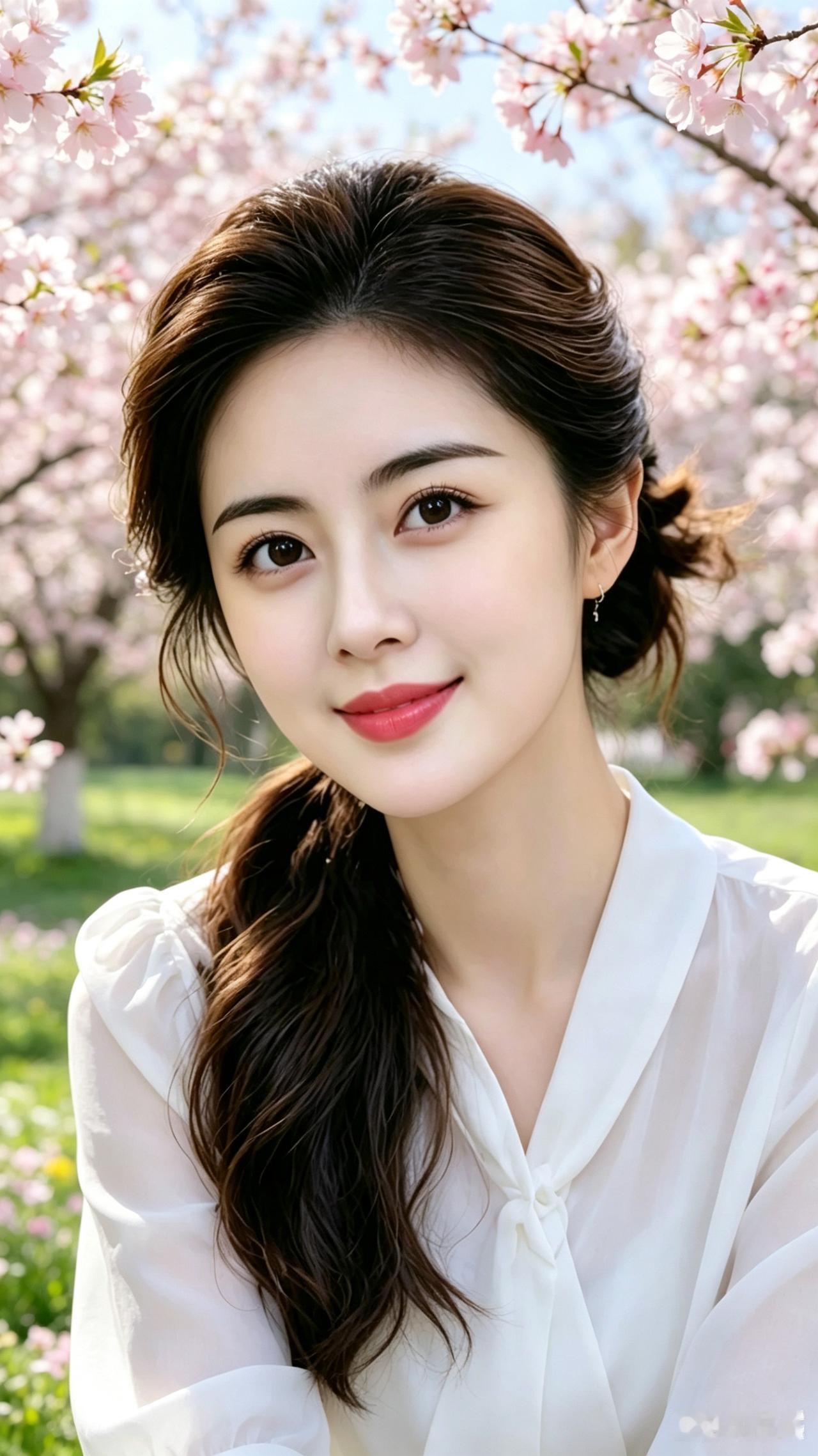 A1生图文原创。一袭白衣气质佳，满园春色映芳华。风光正好人如玉，笑看枝头绽百
