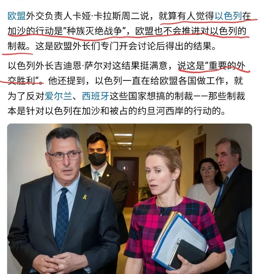 欧盟外长这句:即使以色列真的对加沙推行“种族灭绝战争”，欧盟也不会制裁，而且已