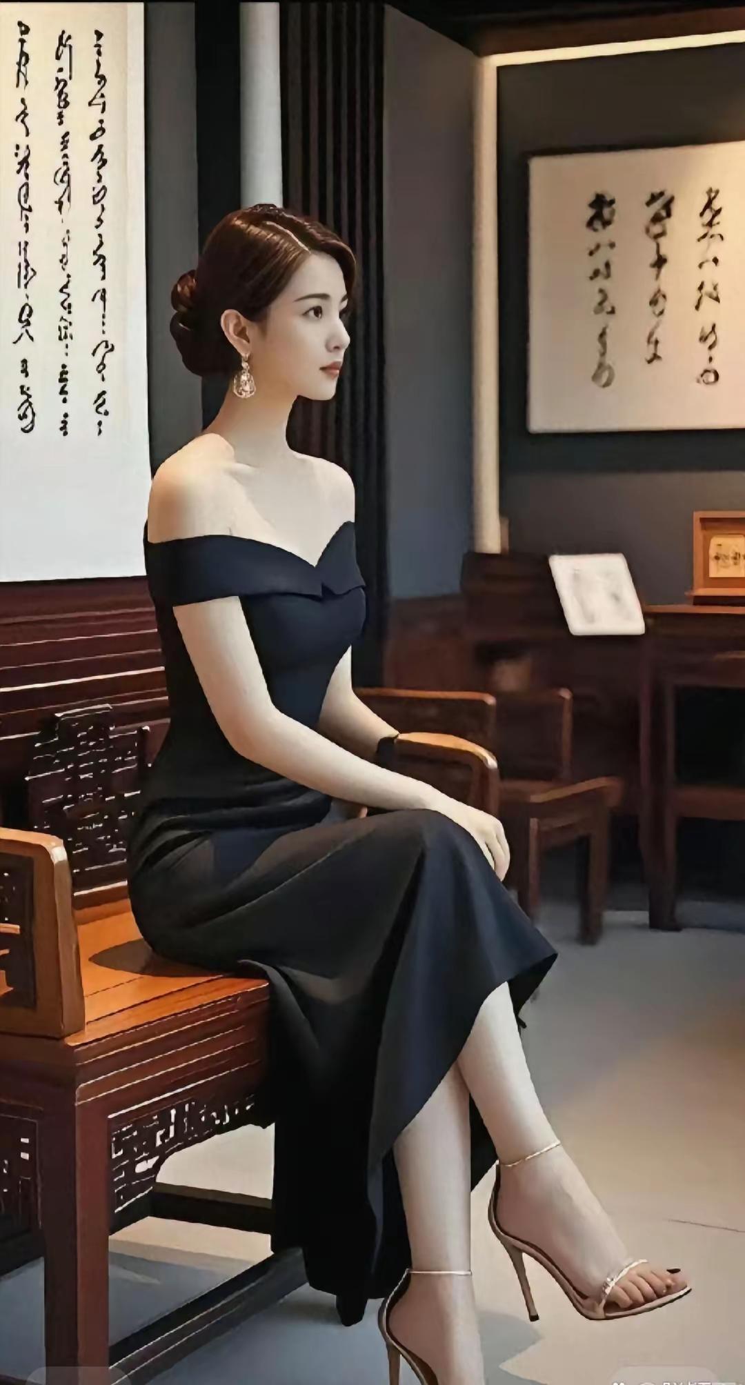 优雅黑裙，静坐古风，气质如兰