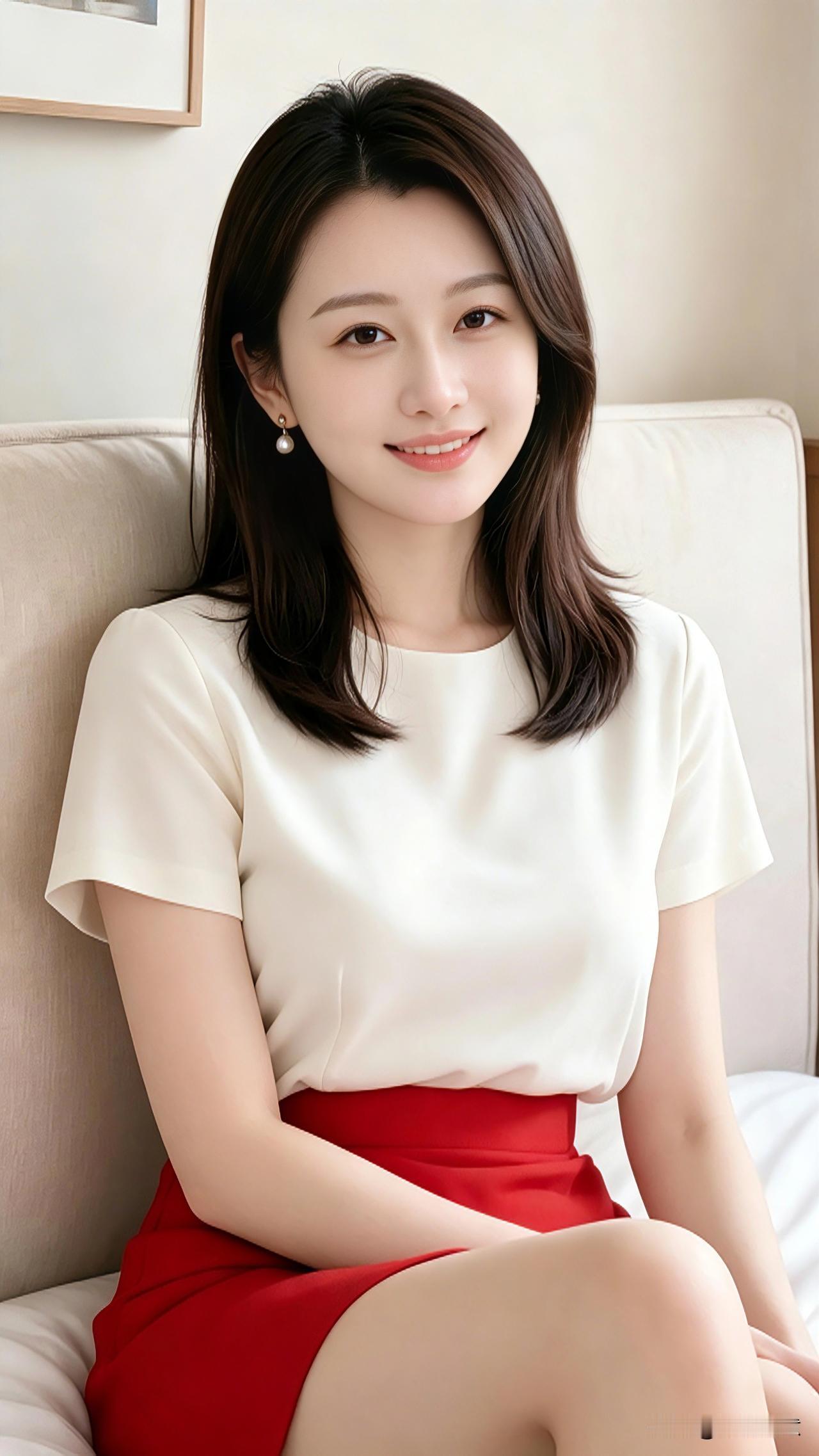 米白色短袖上衣柔和温婉，剪裁利落得体，搭配正红色半身裙，冷暖色彩碰撞恰到好处。