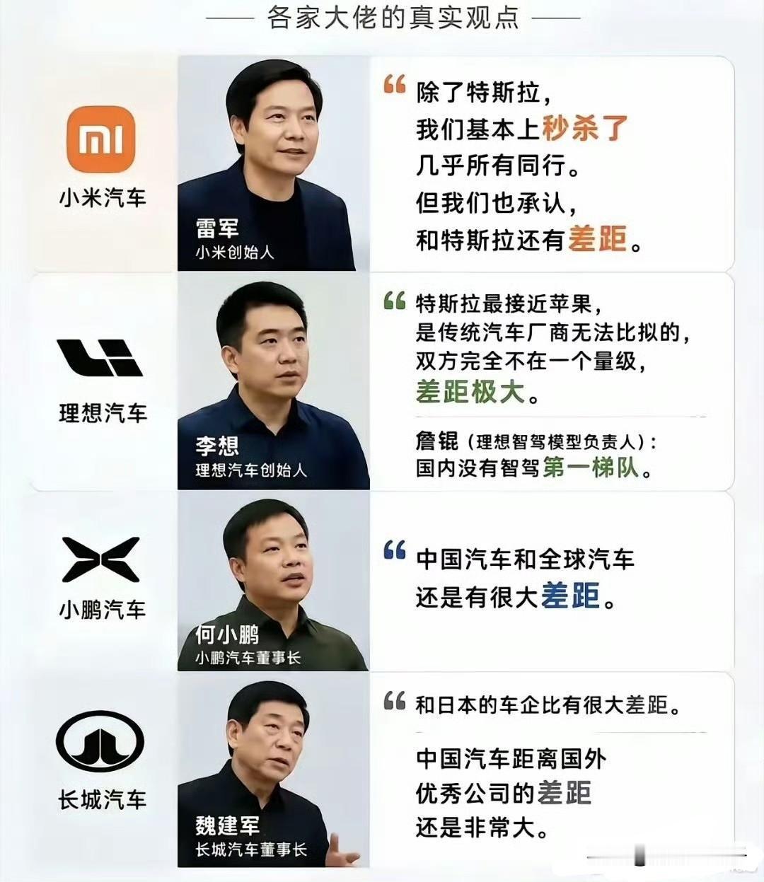 1、有的人说，除了特斯拉，我们基本秒杀了所有同行，但是我们也承认和特斯拉有差距；