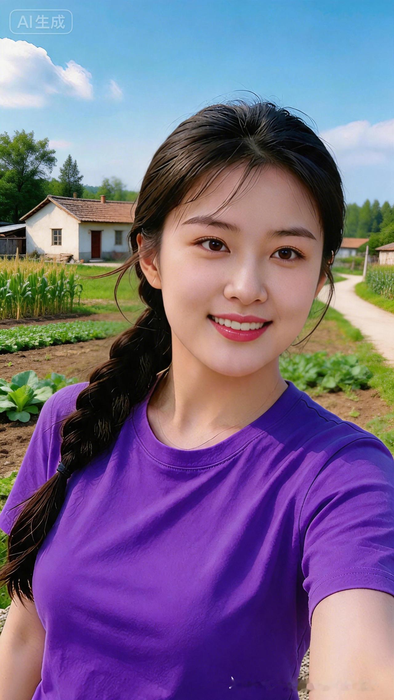 阳光明媚的乡村生活，紫色T恤少女自拍🌞💖