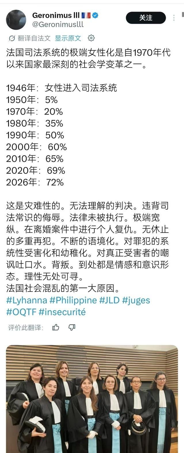 法国为什么要完蛋了？因为法国的知心姐姐们把控了法国的司法系统。法国今天最尴尬