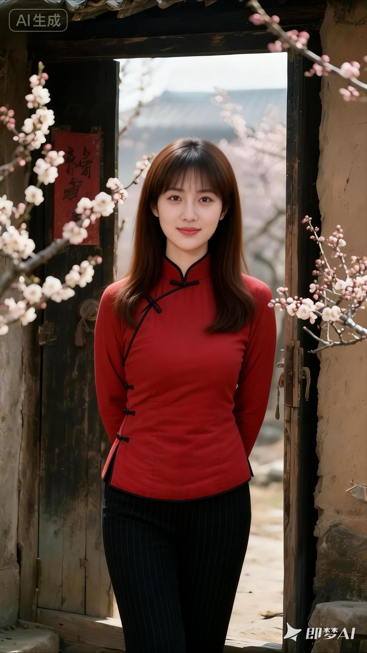 古风少女，红衣飘飘，桃花树下，春意盎然。