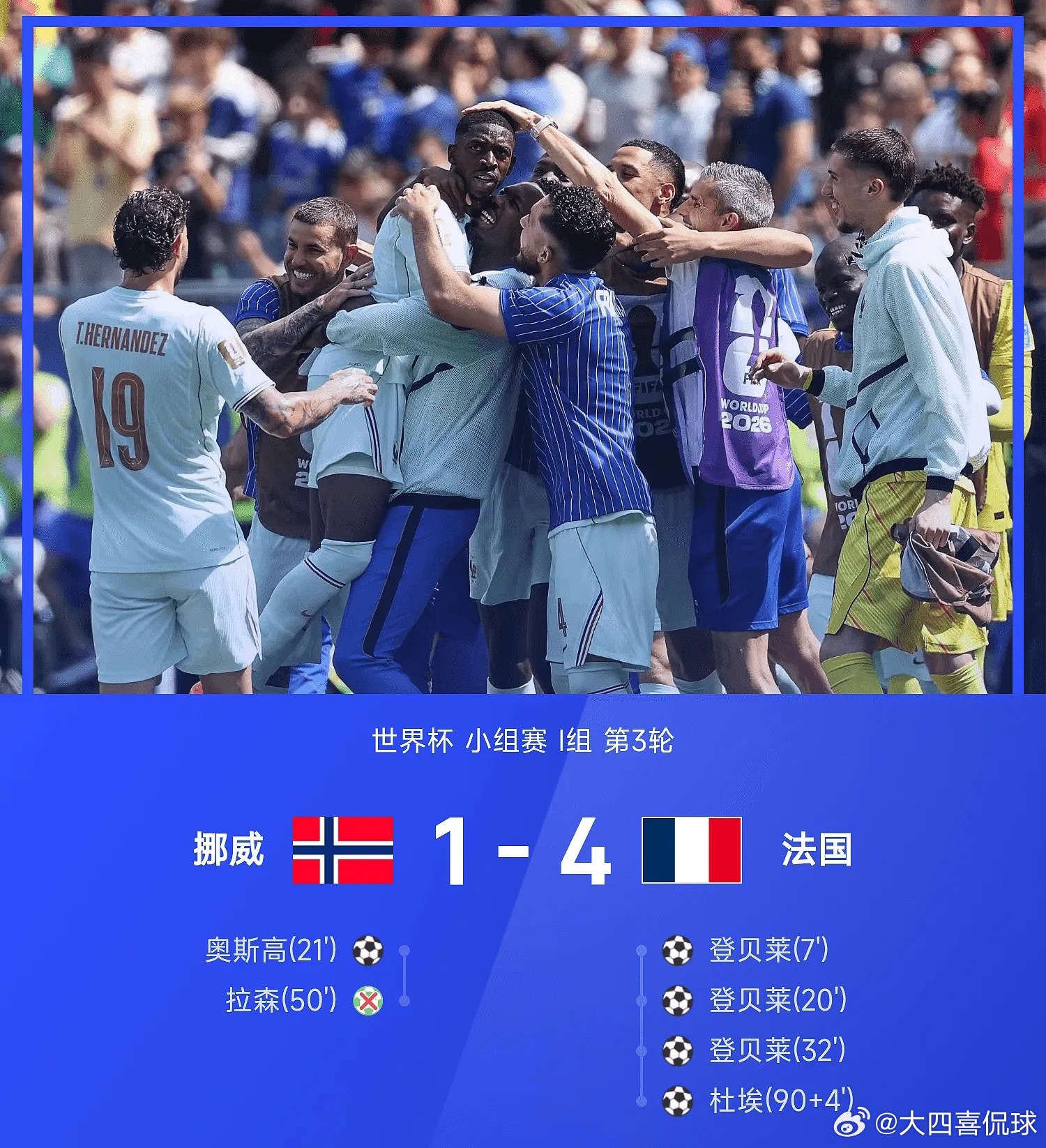 世界杯战报：登贝莱戴帽，哈兰德未出场，法国4-1挪威获头名挪威1比4法国世界杯