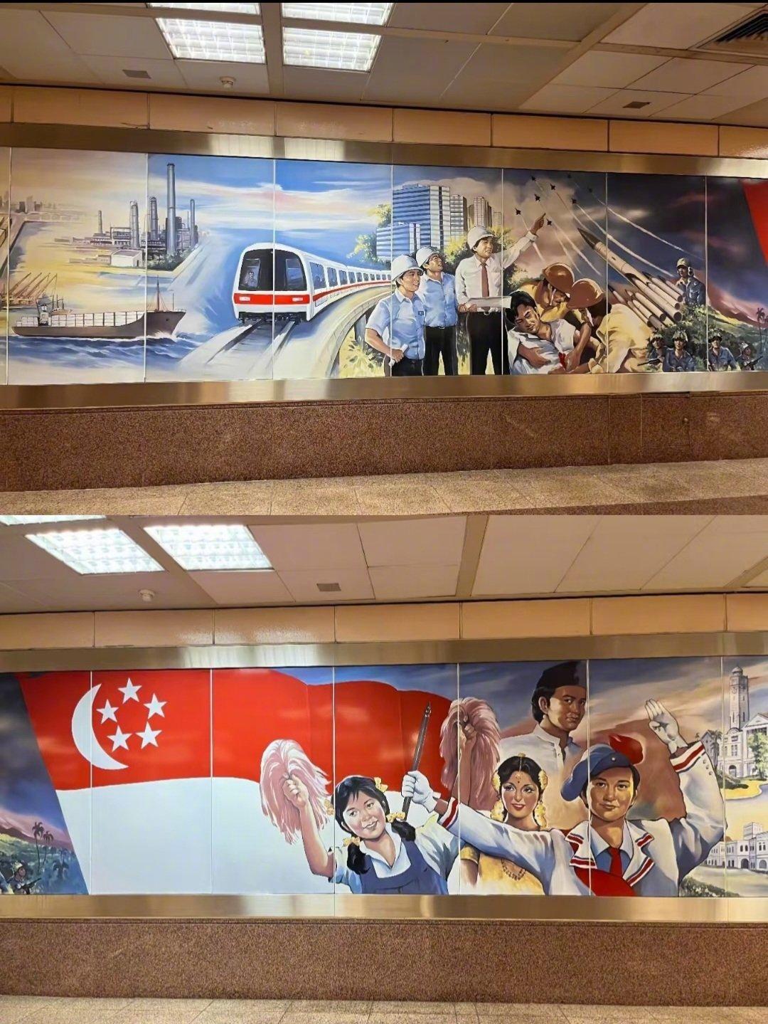 新加坡地铁宣传画，一股满满的朝鲜风格，不知道的还以为在朝鲜呢。 另外，画面上