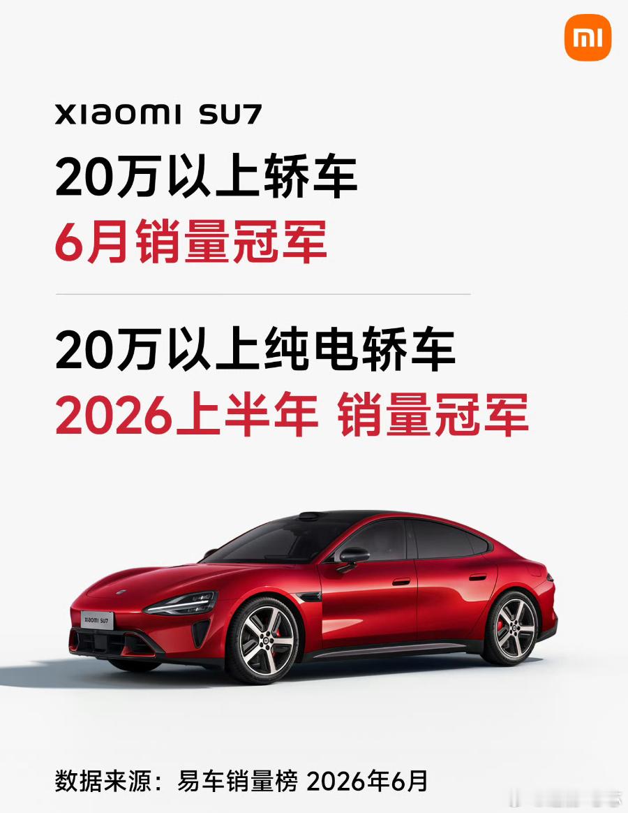 小米SU7成20万以上轿车6月销量第一小米SU7这销量确实有点东西。纯电打败纯
