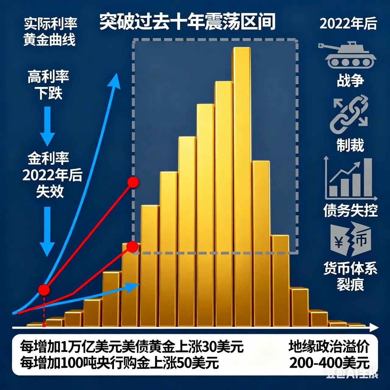 黄金的价格以前跟实际利率关系很紧密。实际利率高，黄金跌；实际利率低，黄金涨。但2