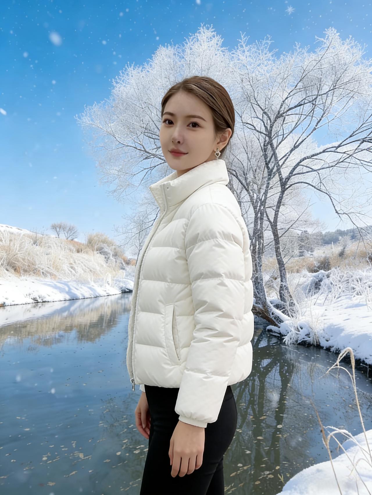 雪满冰河树裹银，佳人素影立嶙峋。仰头欲共琼英舞，袖底清风拂玉尘。