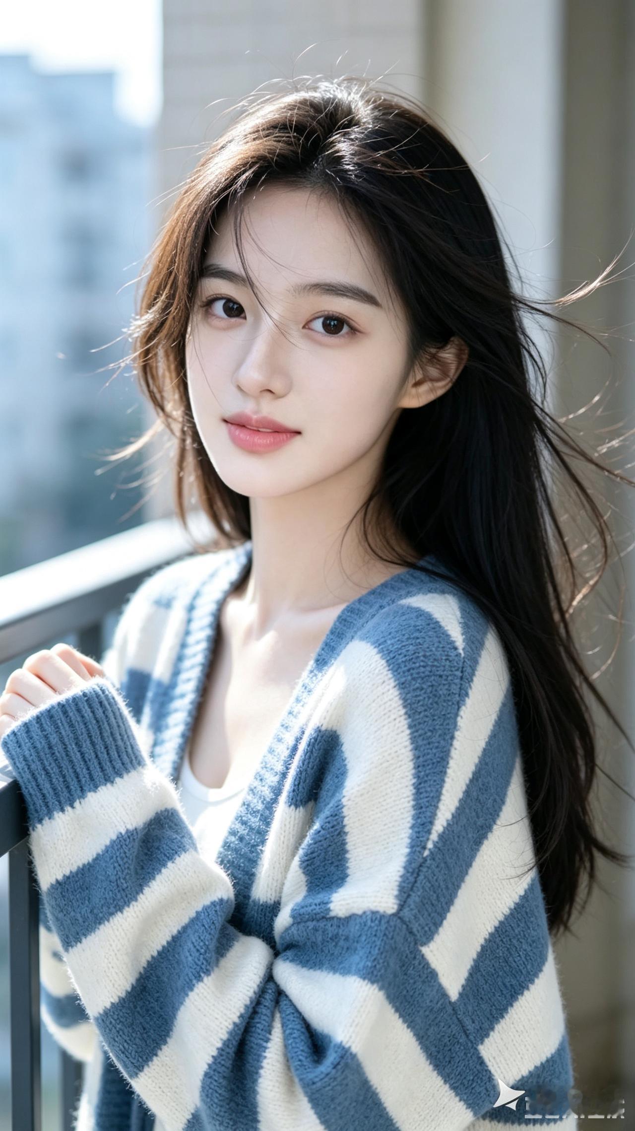 温柔风少女，蓝白条纹毛衣，阳光下的美好时光