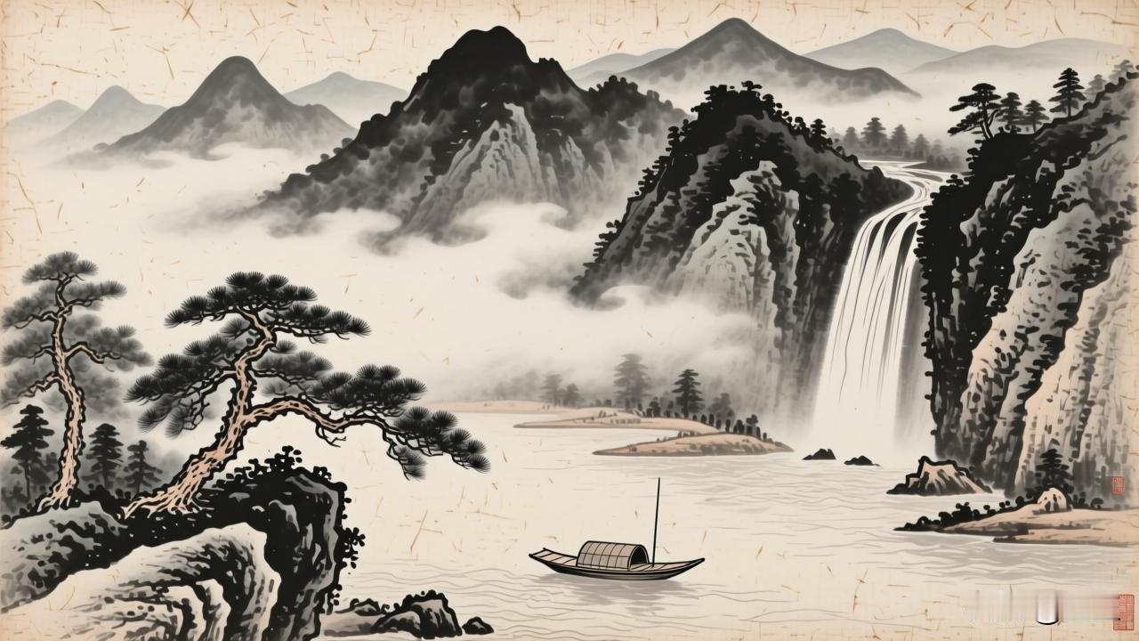 云山墨韵，松瀑舟自横