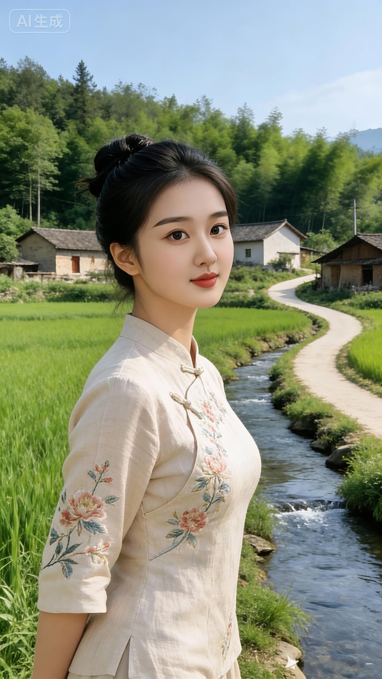 田园风光中的优雅少女，传统与自然的完美融合。