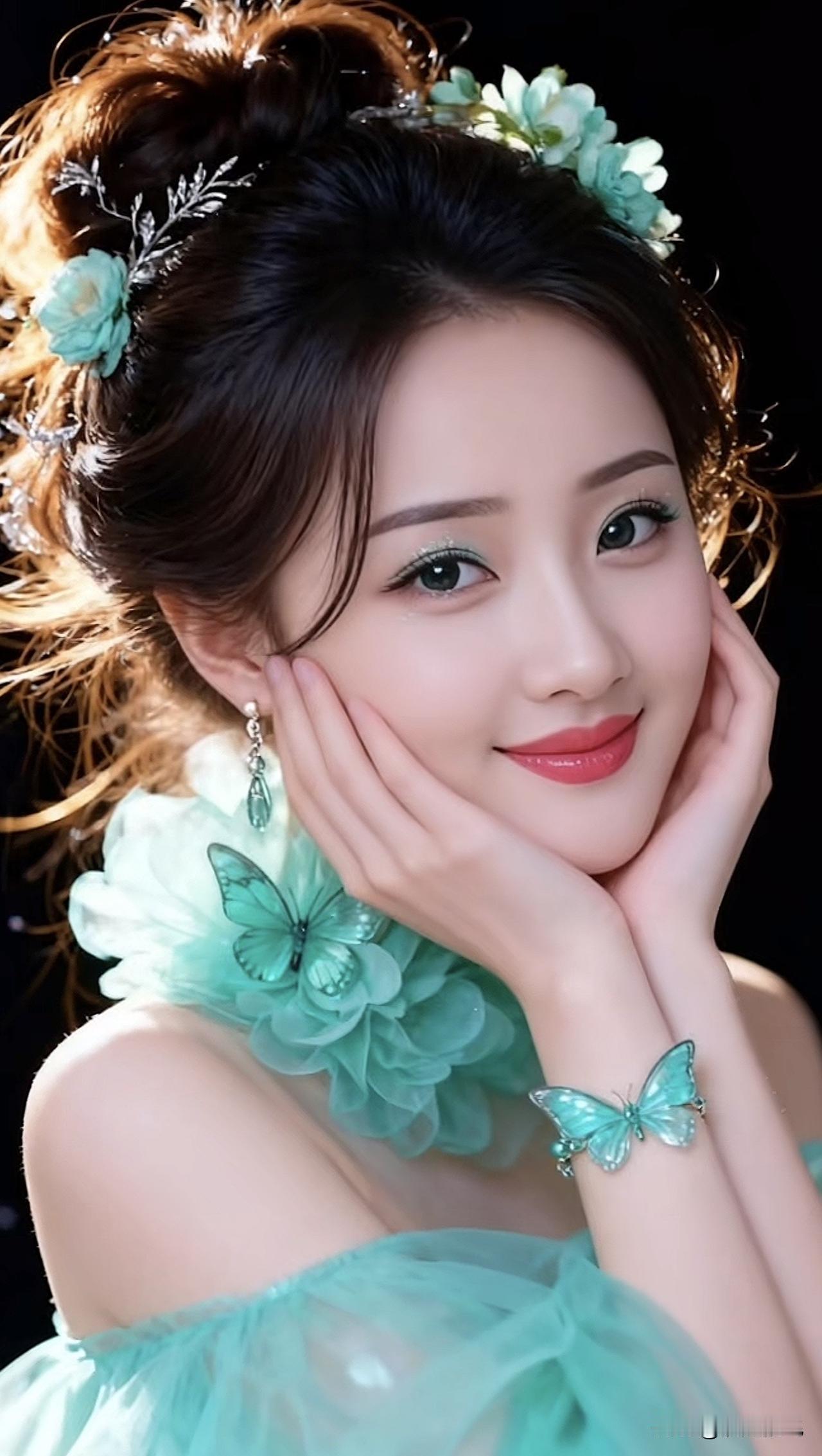 梦幻蓝绿色调，甜美少女风，蝴蝶耳环与发饰相得益彰，温柔微笑，宛如童话中的仙子。绿