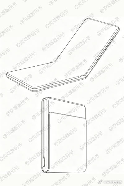 华为去年申请专利的翻盖式折叠手机设计。屏幕宽高比21.5:9很可能是一款屏下摄像