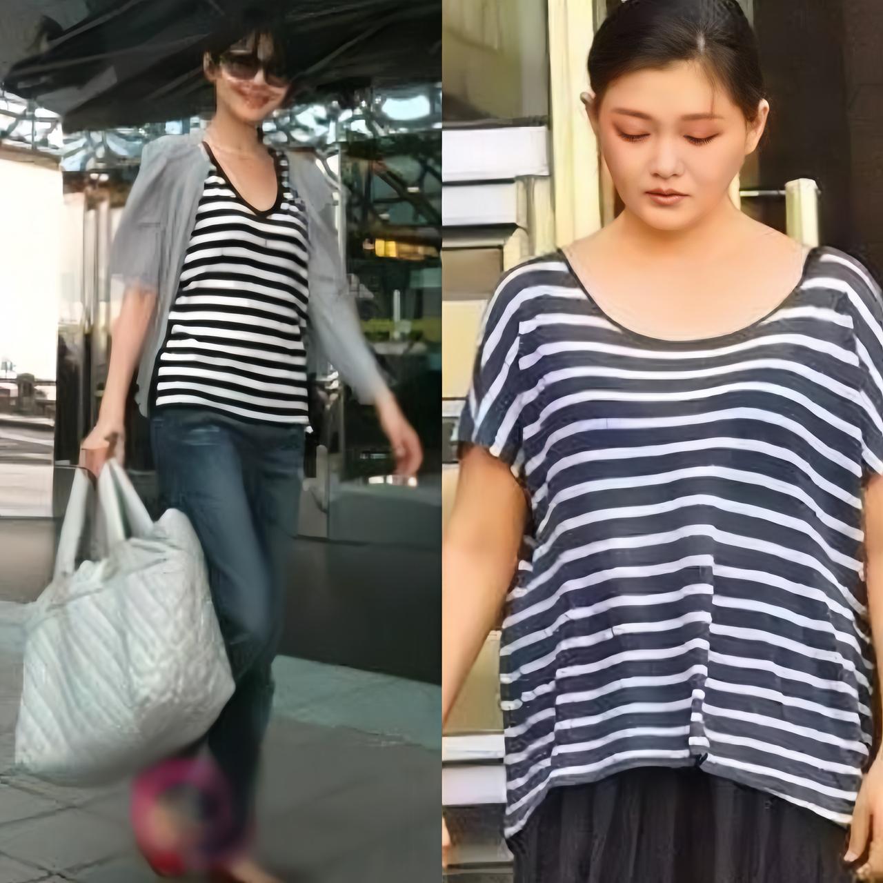 同款同色系的上衣，前后两次穿在大S身上，效果却天差地别。瘦时和胖时的状态对比强烈