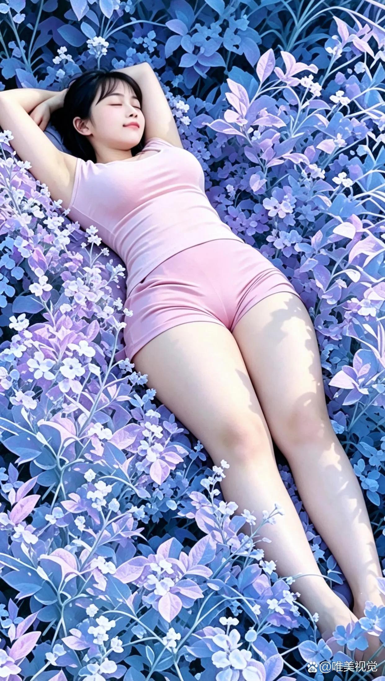 美女睡在花丛中，犹如花儿一样美丽悠闲，安静恬蜜，充滿青春活力，太可爱了！