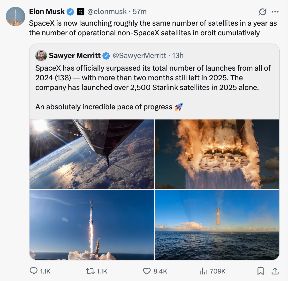 马斯克说：“SpaceX一年发射的卫星数量，大致相当于目前轨道上所有非Spac