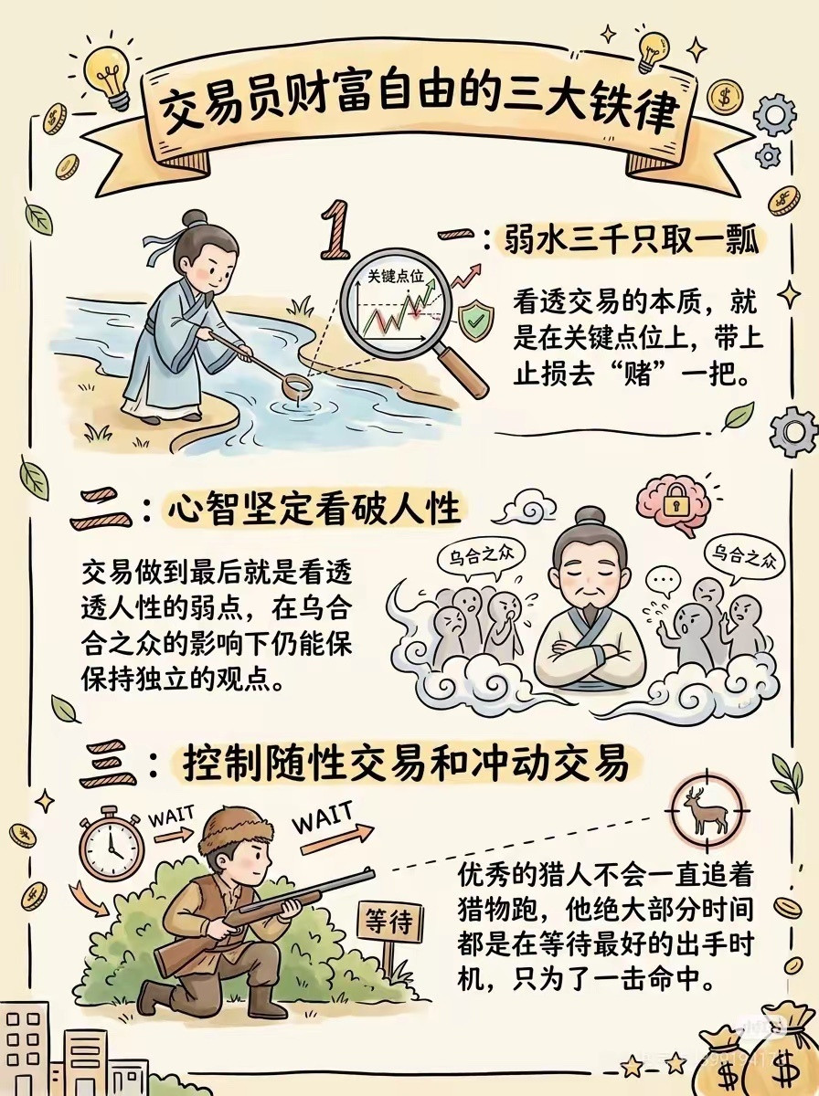 交易员通往财富自由，死守这3条铁律就够了利弗莫尔说：成熟的交易，从来不是频繁出手