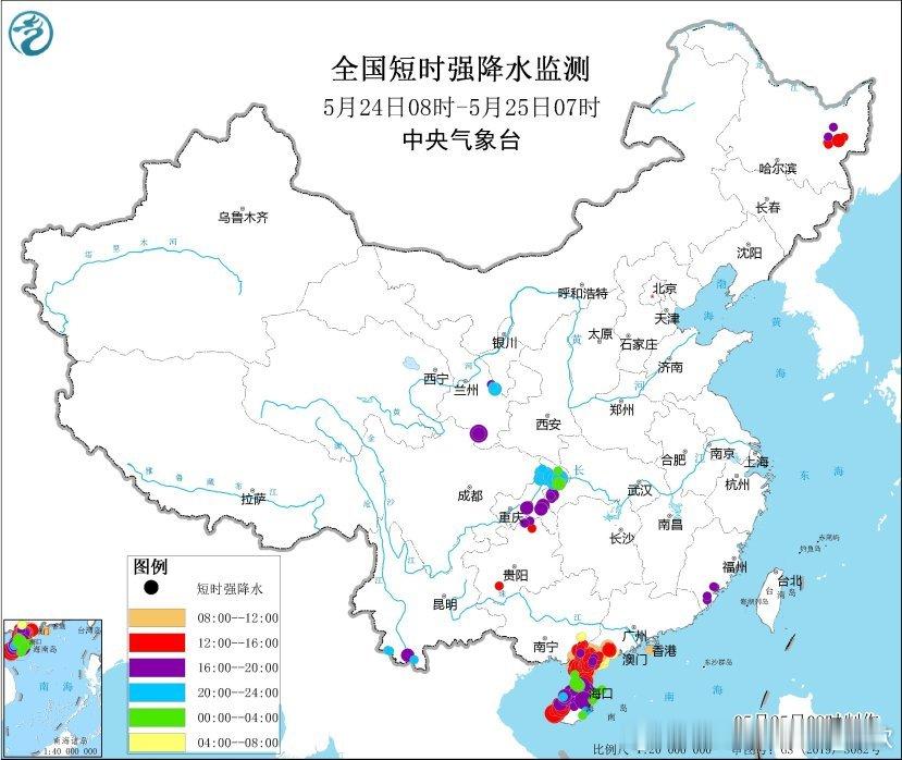 【降水】昨天到今晨，重庆广东广西海南部分地区出现短时强降雨，总体上降雨呈现面弱点