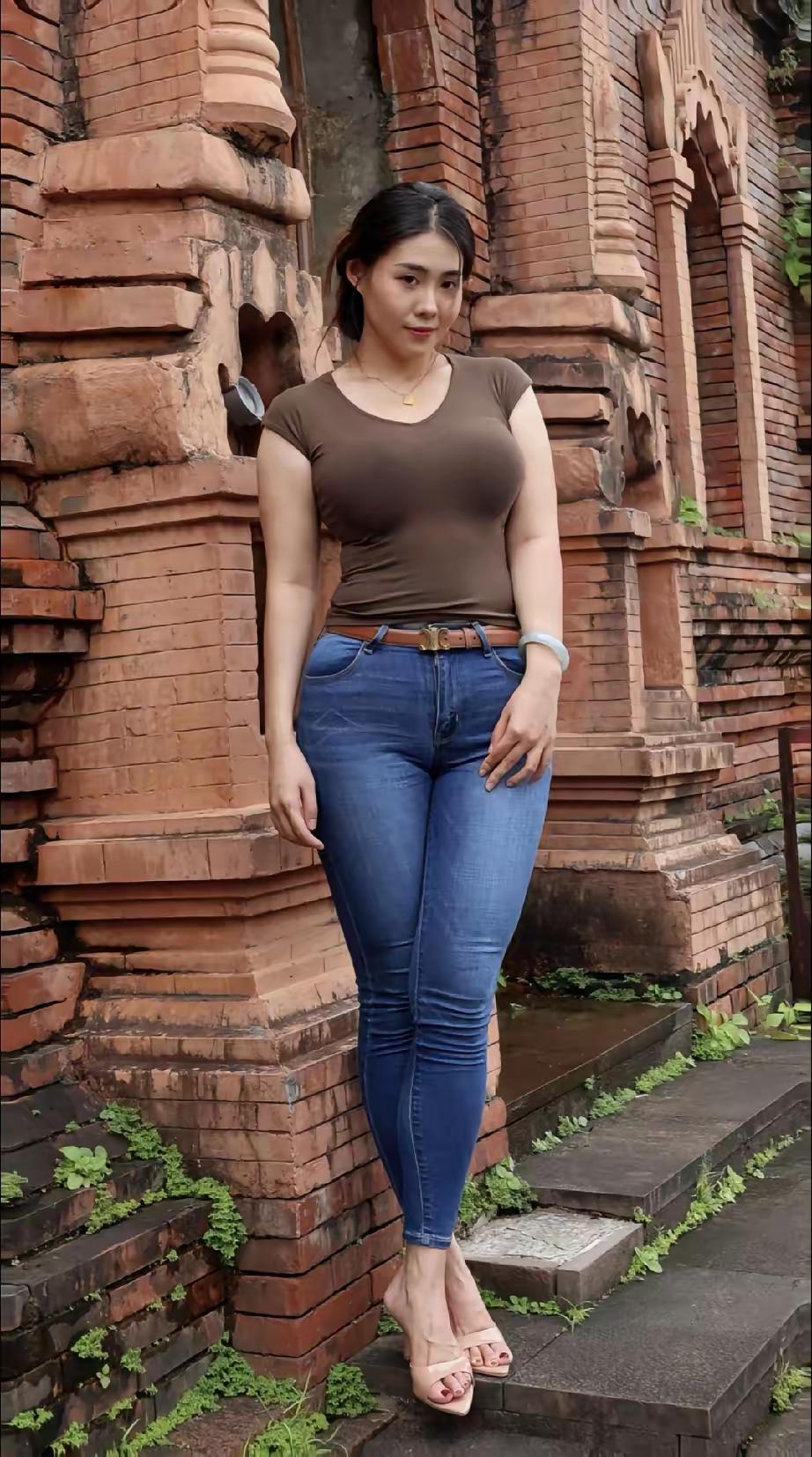 复古砖墙前的美女，时尚穿搭显气质女生穿紧身牛仔裤不勒吗微胖身材该怎么穿搭微胖