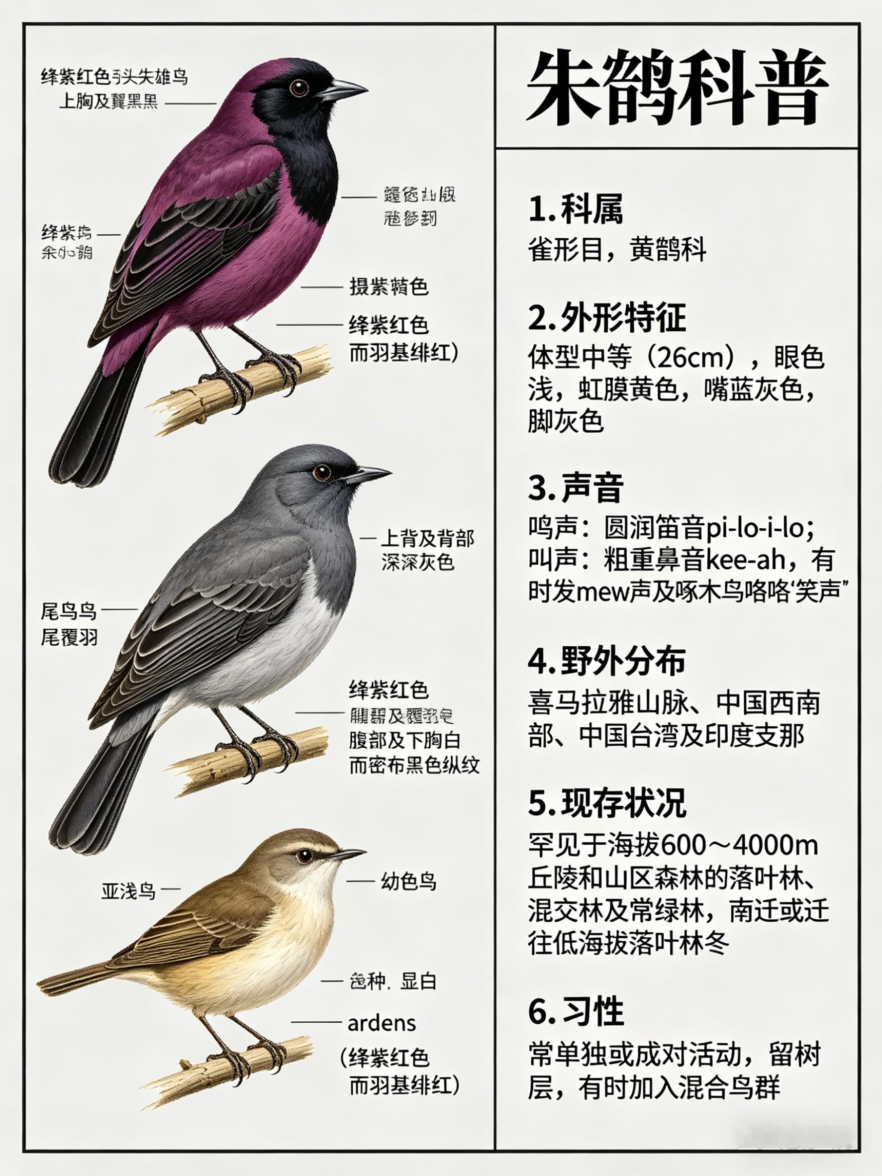鸟类朋友图鉴朱鹂·科属：雀形目，黄鹂科。·外形特征：体型中等（26cm）的黑色