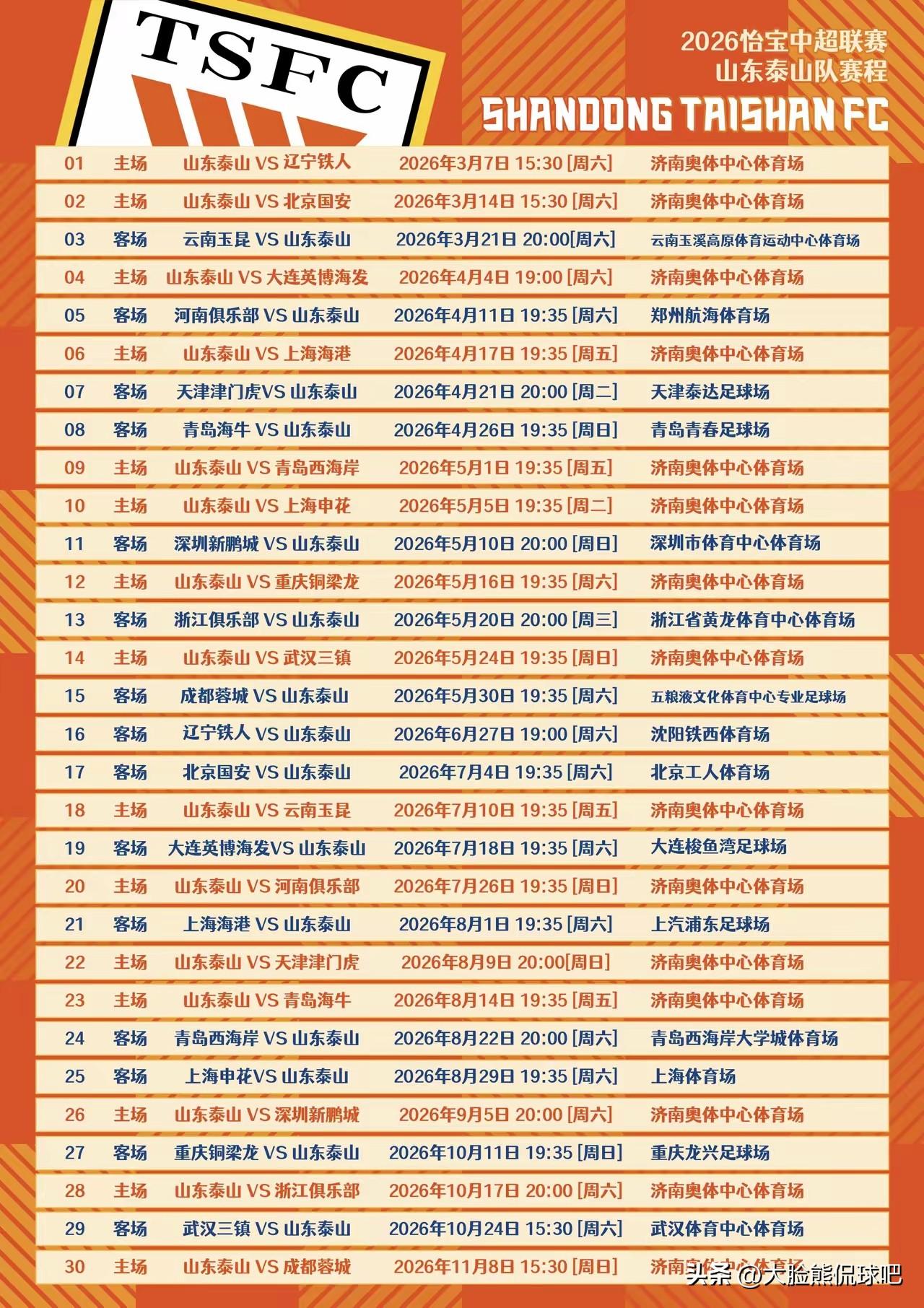山东泰山2026赛季赛程出炉，大家记得收藏奥，不要错过精彩比赛！