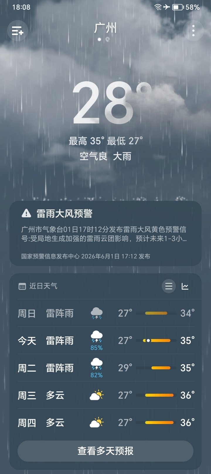 广州天气🌧️大风暴雨又开始袭击广州，下班放学的朋友们请注意安全...热点现