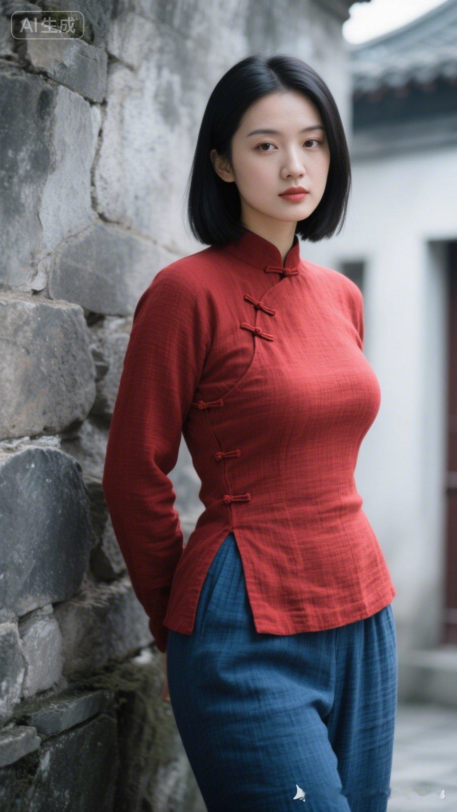 红衣少女倚石墙，古典韵味扑面来！