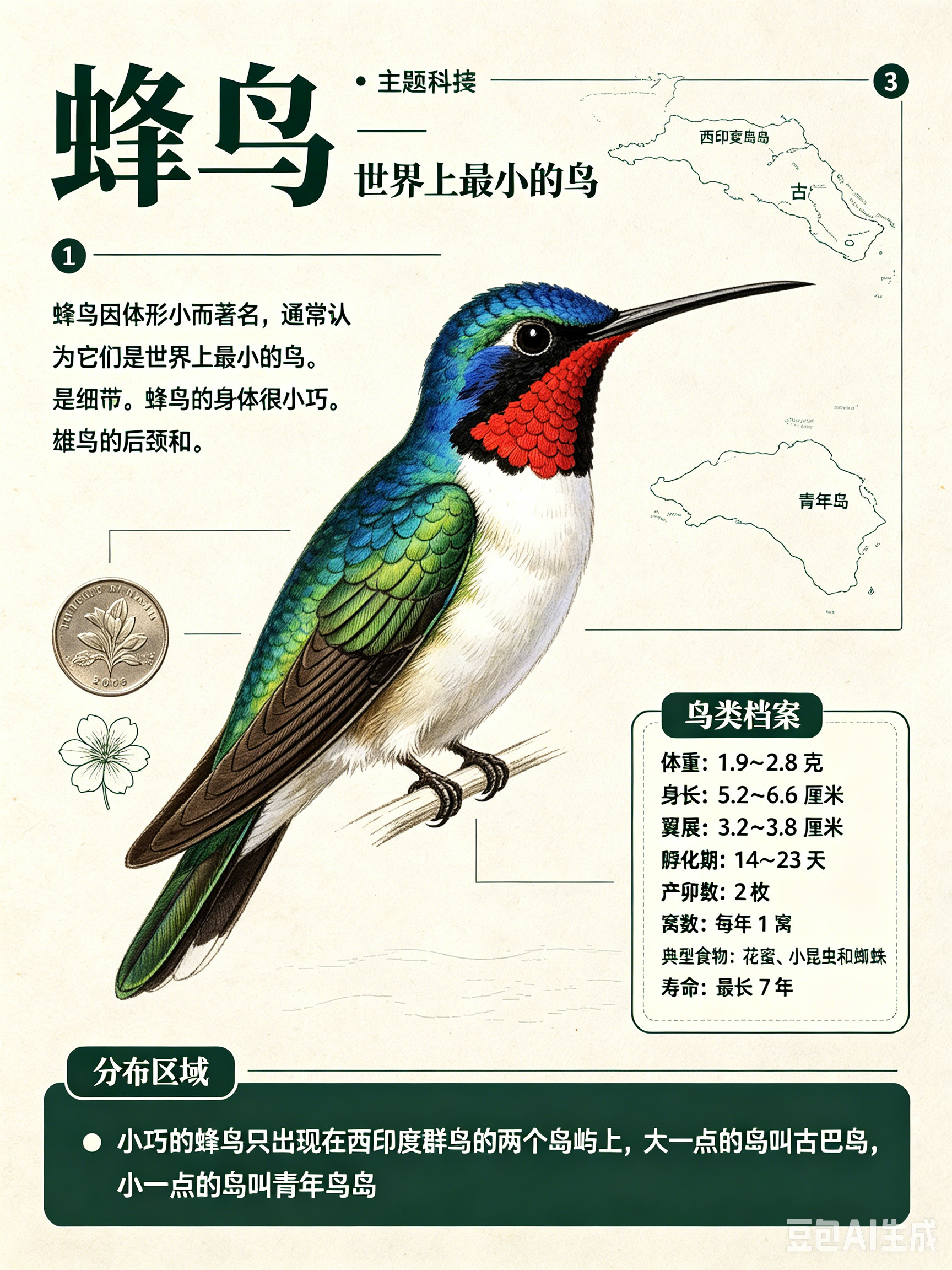 鸟类朋友图鉴蜂鸟蜂鸟因体形小而著名，通常认为它们是世界上最小的鸟。体重：1.9