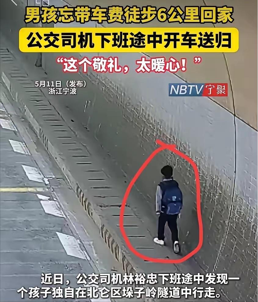 5月8日，浙江宁波公交司机林师傅下班途中，在隧道碰到一个徒步孩子，林师傅停车询问