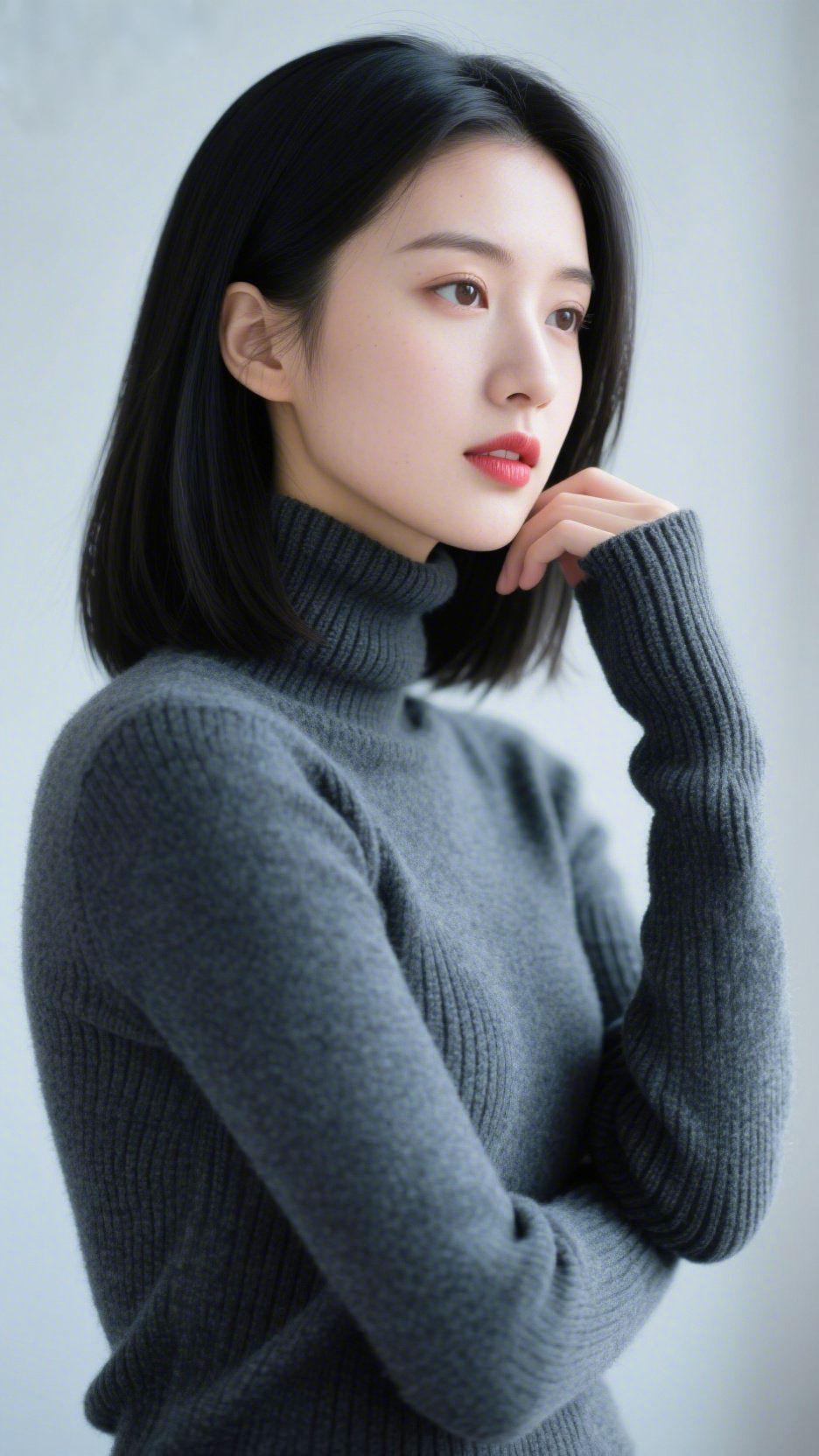 《灰绒栖软冬》浅白背景像滤了冬的薄光，衬得她身上的灰毛衣愈显温软。那灰是揉