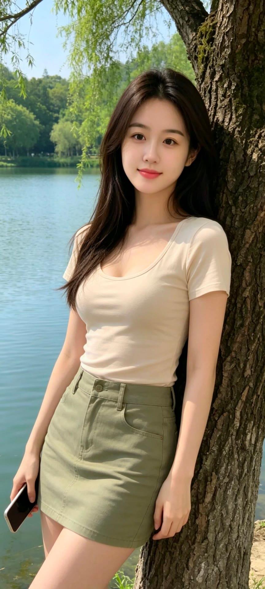 湖畔倚树人，静看水波生。