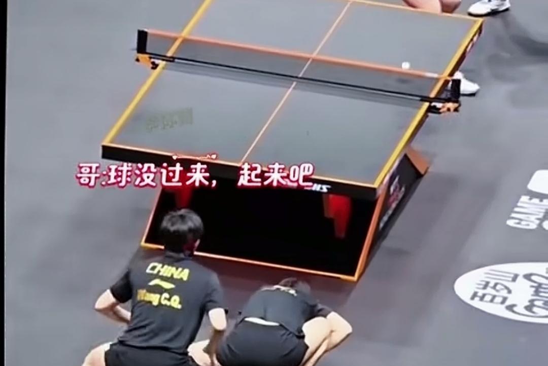 她蹲下接球，球根本没飞过来。WTT澳门冠军赛混双1/4决赛，莎莎预判蒯曼的来球