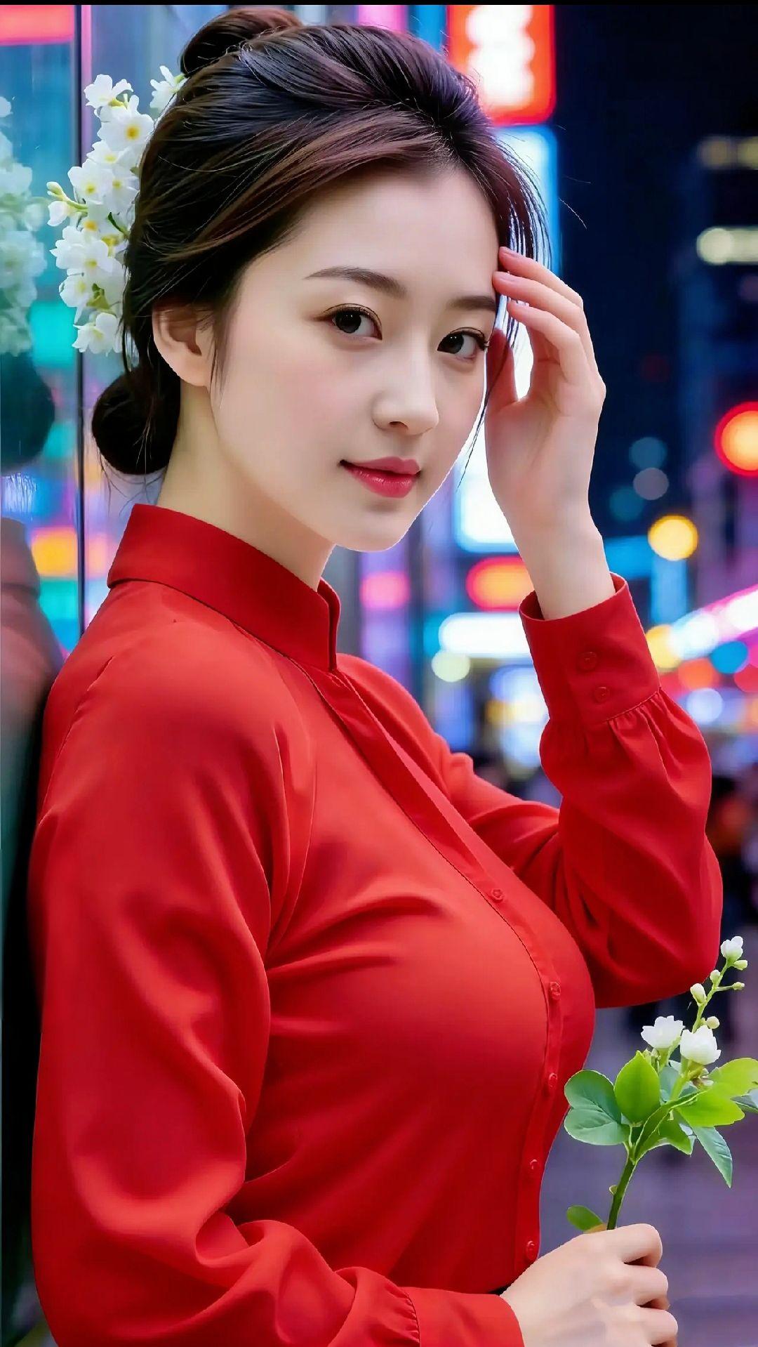 《红衫栖夜灯》晚风吹软巷口的光，她立在霓虹晕开的暮色里，红衫如浸了暖光的绸