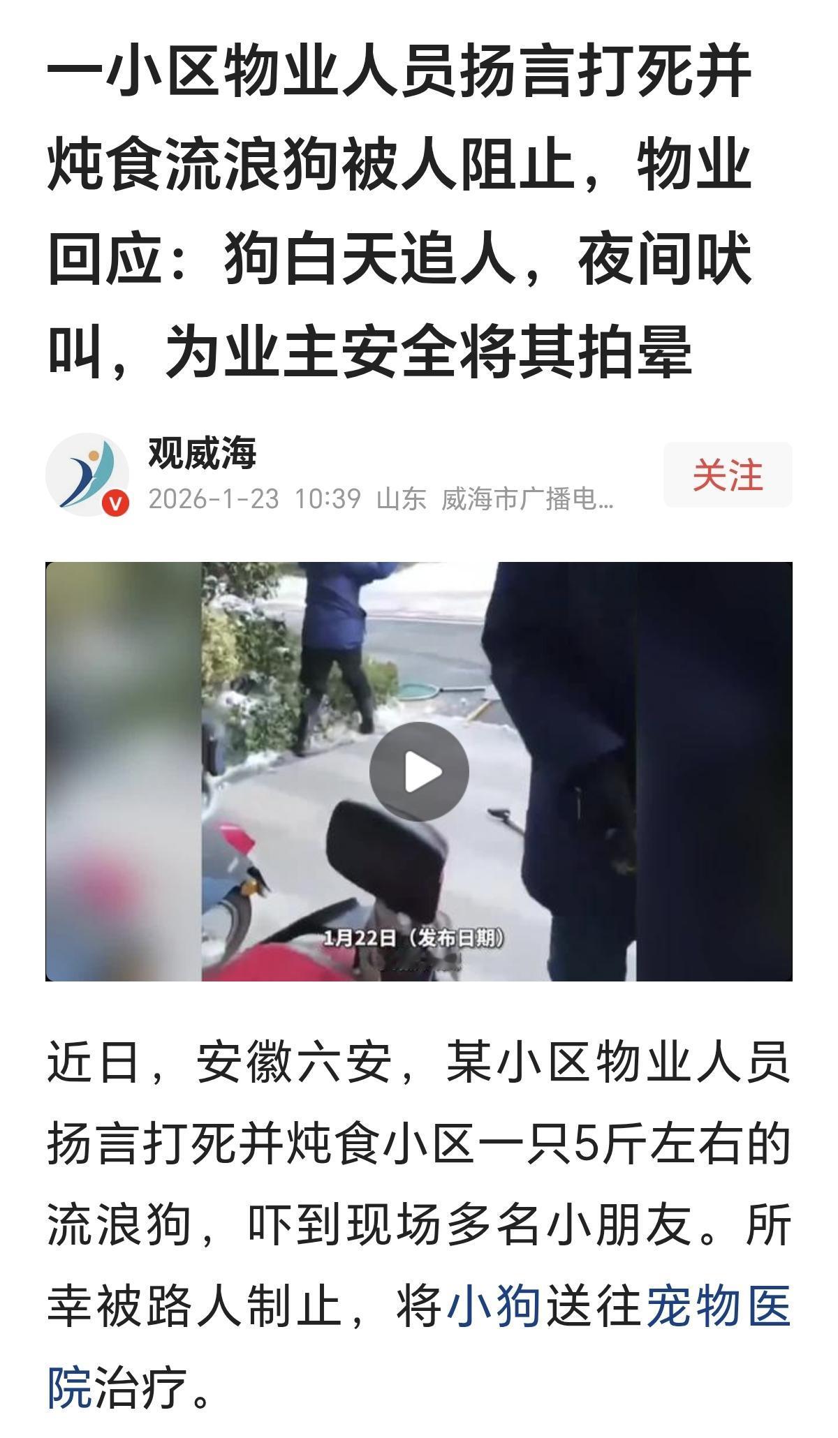 “谁的错？”小区物业人员打流浪狗被路人制止并送往宠物医院治疗。路人有爱心，但物业