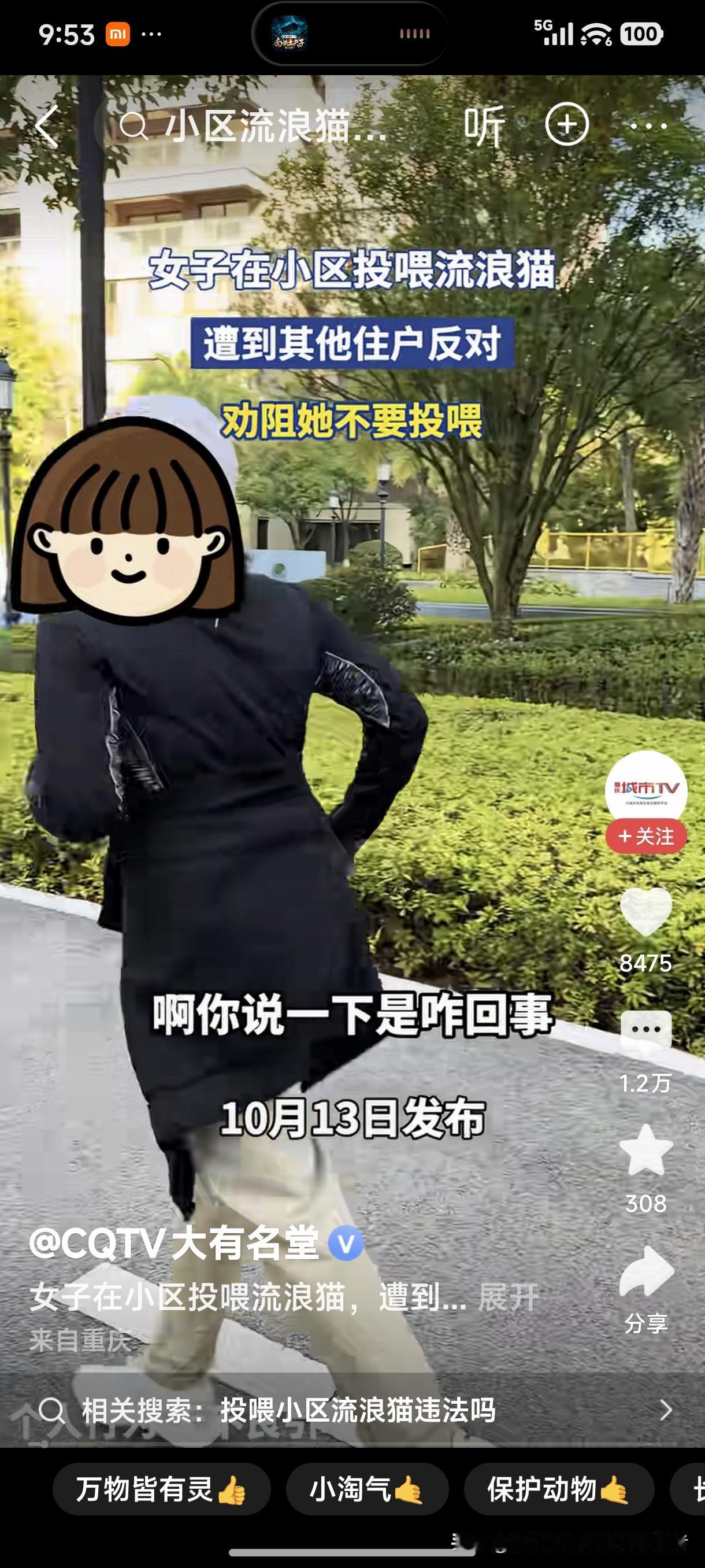 女子在小区投喂流浪猫，遭到其他住户反对，劝阻她不要投喂，若是喜欢它或是可怜它，可