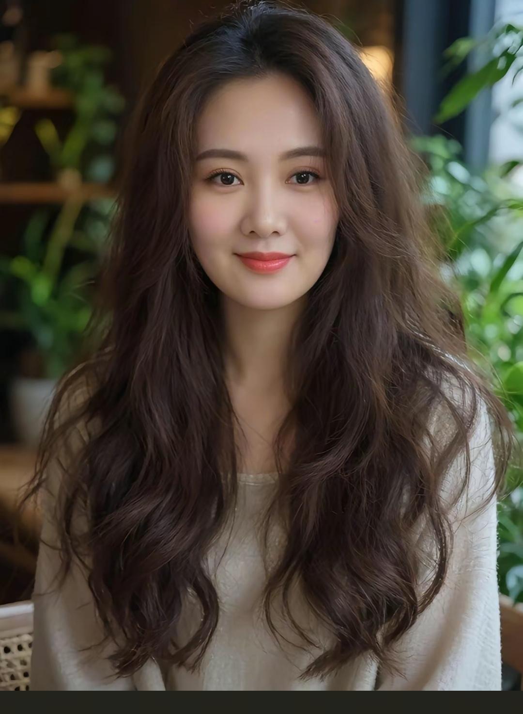 温柔甜美的笑容，自然卷发的魅力，轻松自在的午后时光。