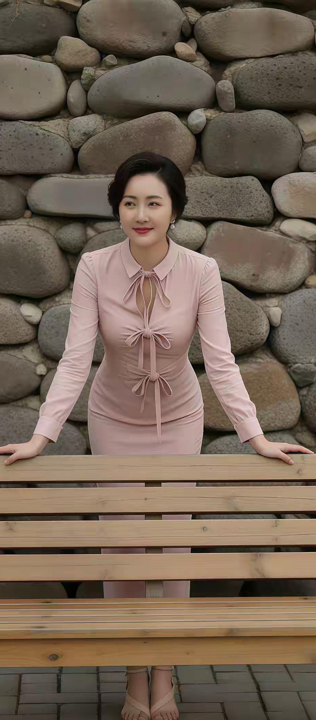 优雅粉裙，石墙背景，清新自然🌸📸