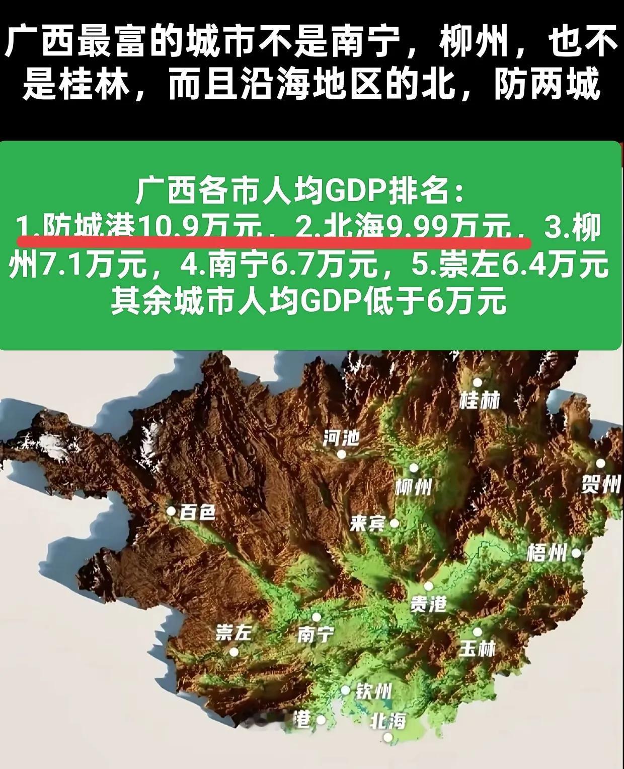 广西最富的城市不是首府南宁，也不是山水甲天下的桂林，而是沿海城市，北海、防城港市