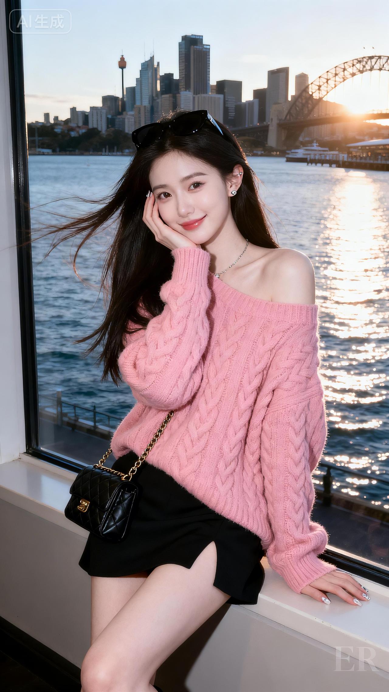 江风裹着粉毛衣，露肩角蹭过舷窗的光，黑包链晃出都市的甜。夕光浸了城景，连发丝都沾