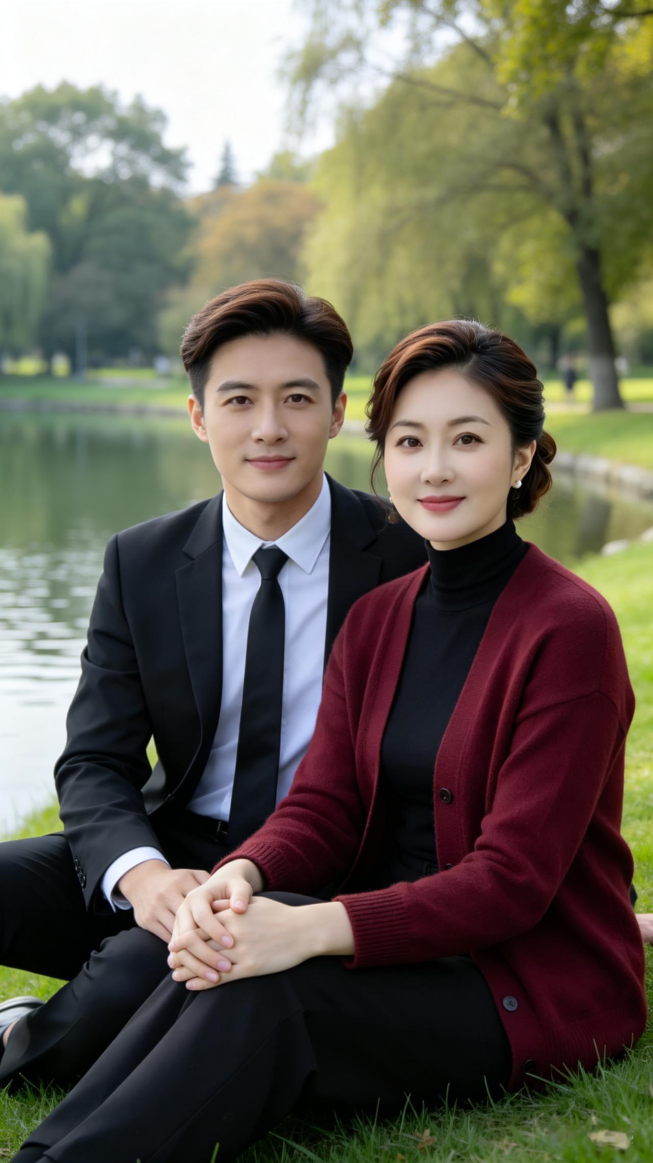 一对情侣在公园湖边拍照。他两年龄差距多大你猜: