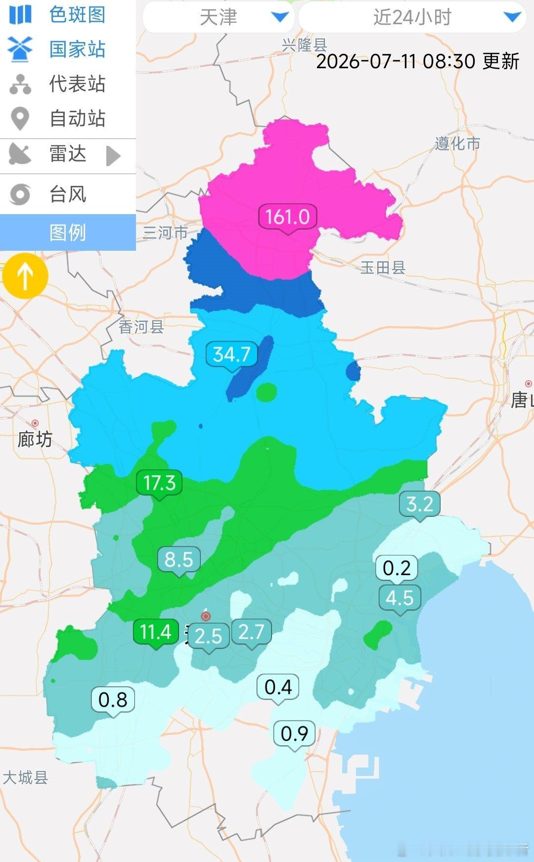 中南部虽然没有强降水，但蓟县降水非常强。从昨天早晨一直到今天早晨，蓟县普遍都达到
